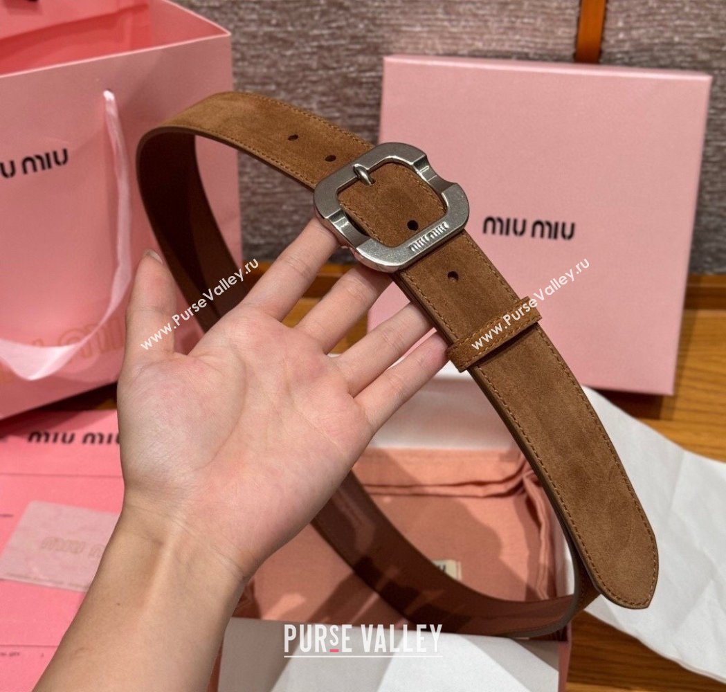 Miu Miu Belt 3.5cm in Suede and Calfskin Leather Light Brown/Silver 2025 MM26010401 (99-260104030)
