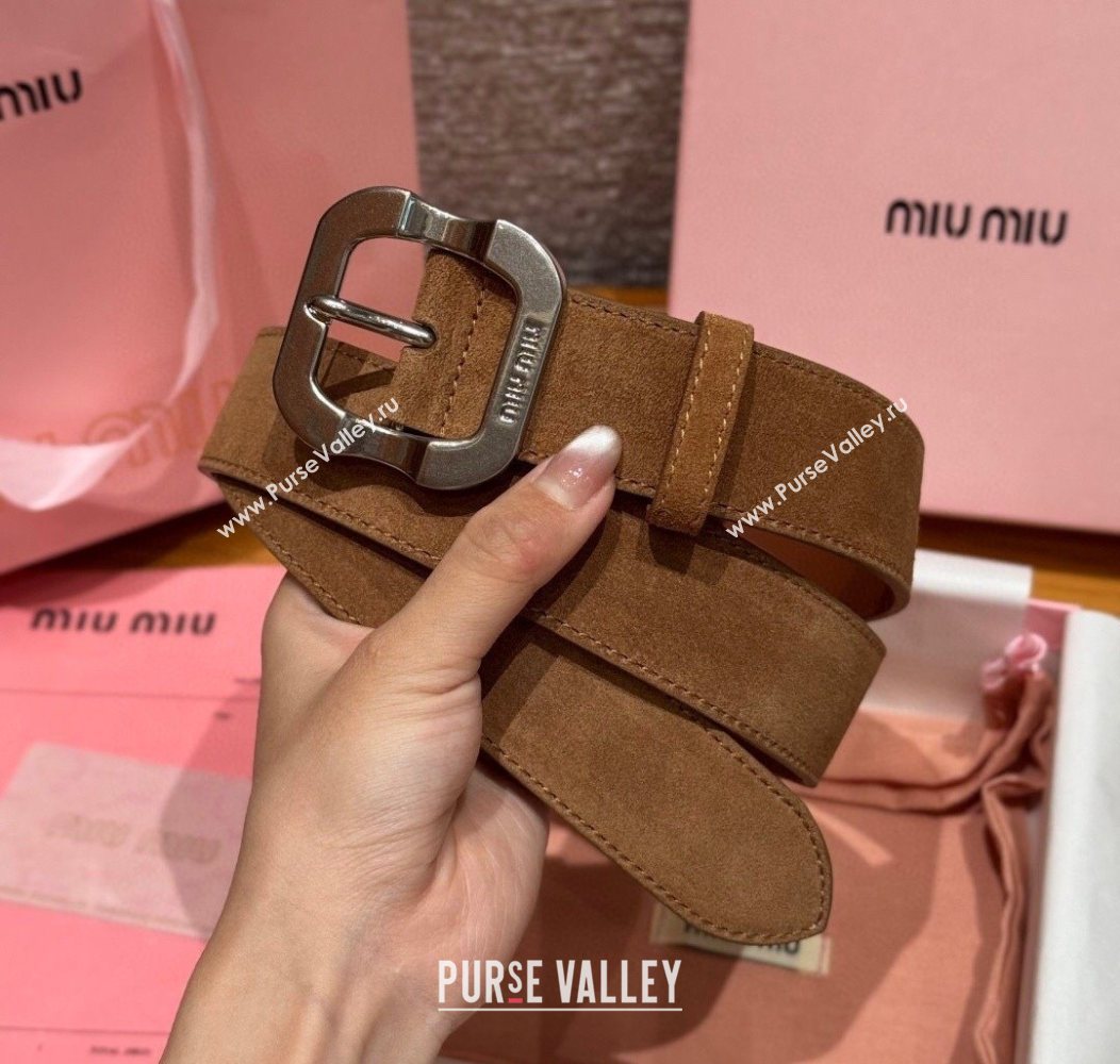Miu Miu Belt 3.5cm in Suede and Calfskin Leather Light Brown/Silver 2025 MM26010401 (99-260104030)