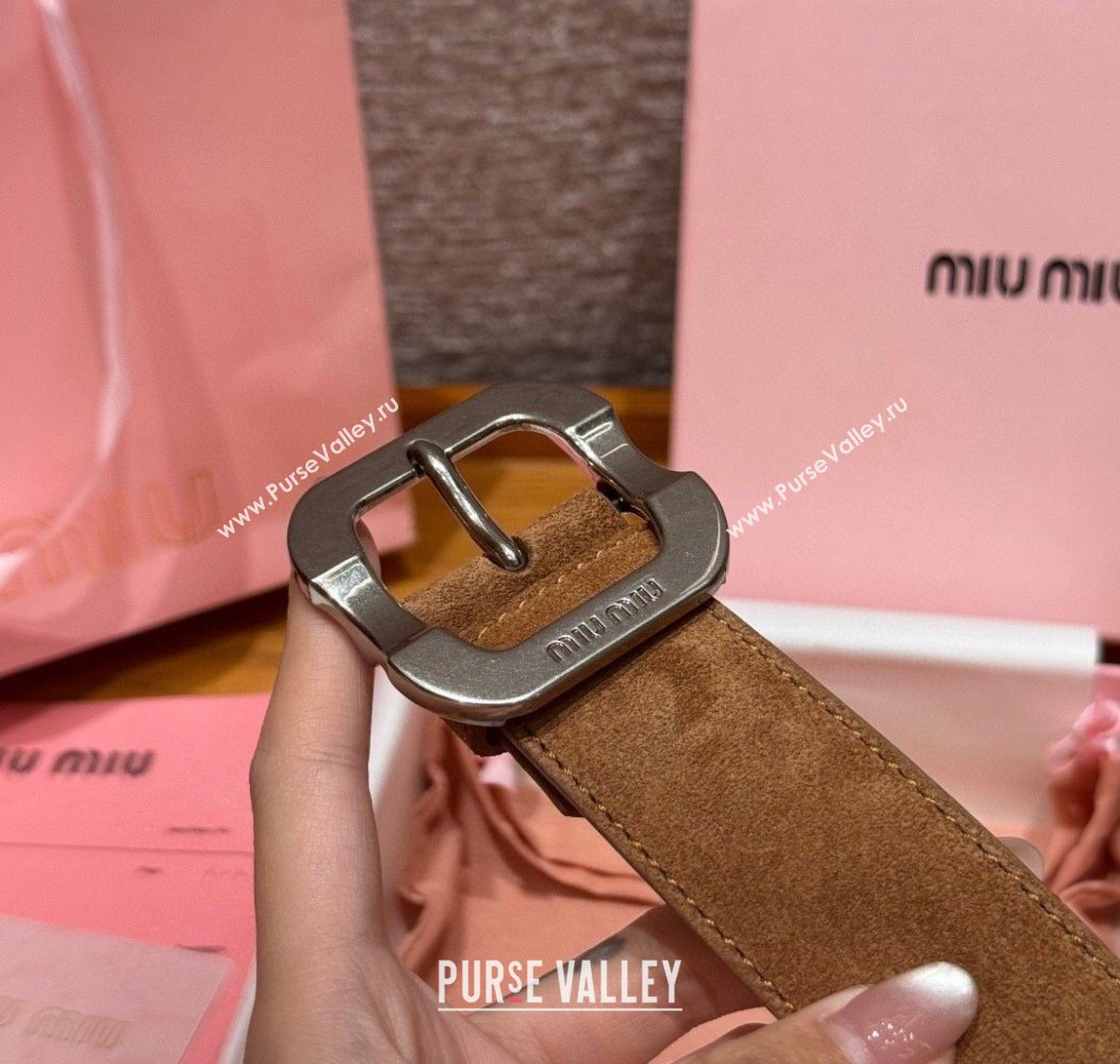 Miu Miu Belt 3.5cm in Suede and Calfskin Leather Light Brown/Silver 2025 MM26010401 (99-260104030)