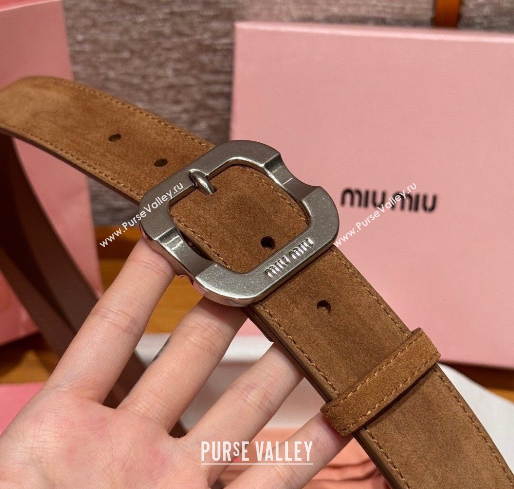 Miu Miu Belt 3.5cm in Suede and Calfskin Leather Light Brown/Silver 2025 MM26010401 (99-260104030)