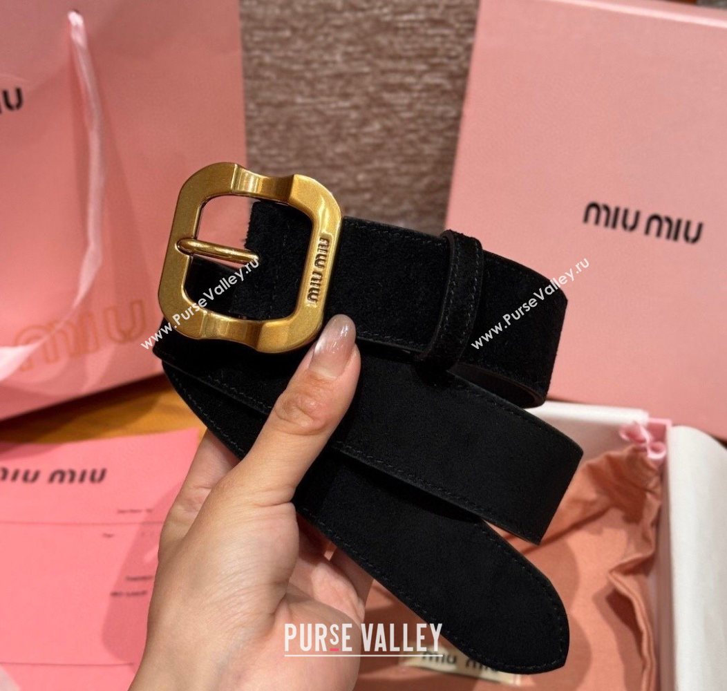 Miu Miu Belt 3.5cm in Suede and Calfskin Leather Black/Gold 2025 MM26010401 (99-260104031)