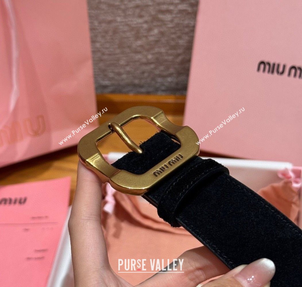 Miu Miu Belt 3.5cm in Suede and Calfskin Leather Black/Gold 2025 MM26010401 (99-260104031)