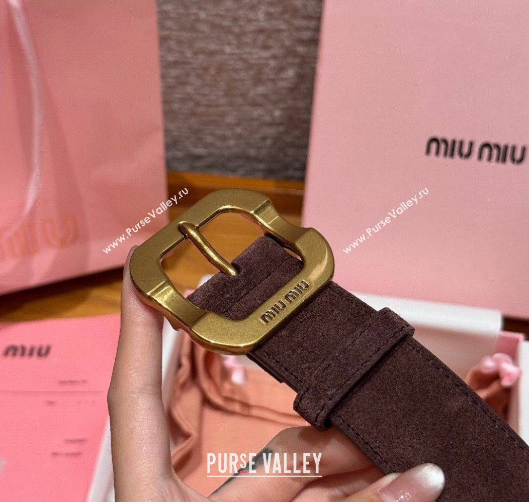 Miu Miu Belt 3.5cm in Suede and Calfskin Leather Dark Brown/Gold 2025 MM26010401 (99-260104033)