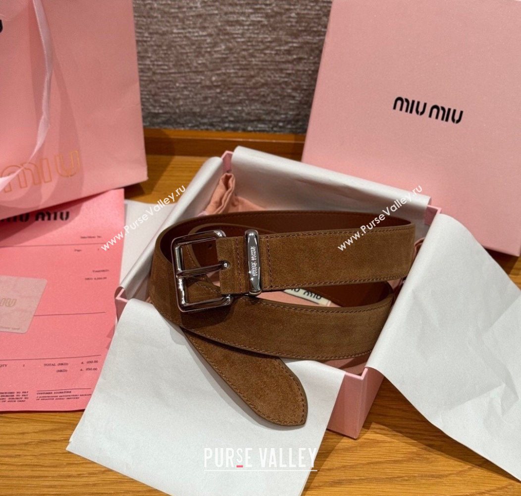 Miu Miu Belt 3.5cm in Suede and Calfskin Leather Light Brown/Silver 2025 MM26010402 (99-260104035)