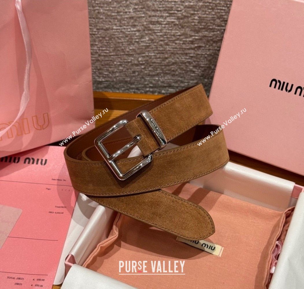Miu Miu Belt 3.5cm in Suede and Calfskin Leather Light Brown/Silver 2025 MM26010402 (99-260104035)