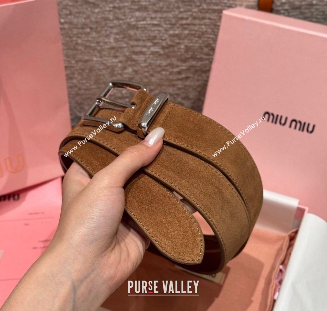 Miu Miu Belt 3.5cm in Suede and Calfskin Leather Light Brown/Silver 2025 MM26010402 (99-260104035)