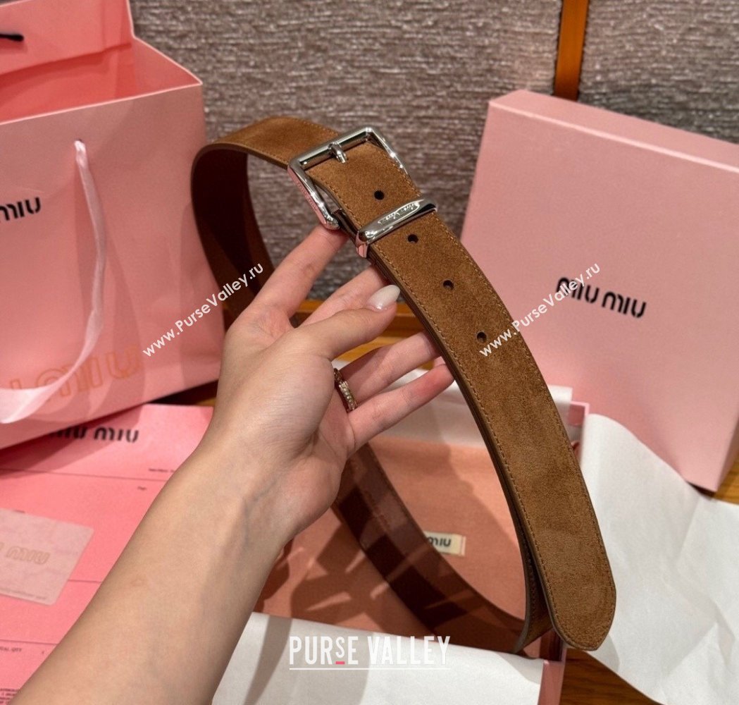 Miu Miu Belt 3.5cm in Suede and Calfskin Leather Light Brown/Silver 2025 MM26010402 (99-260104035)