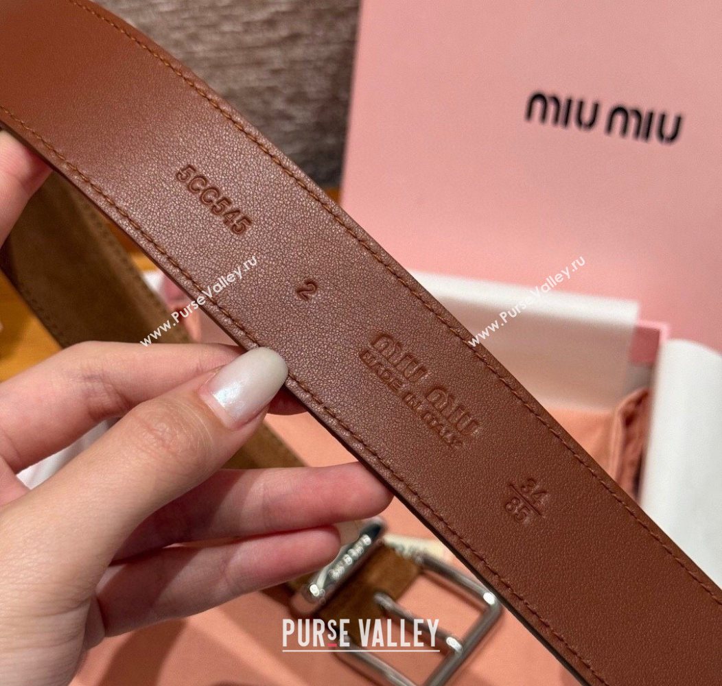 Miu Miu Belt 3.5cm in Suede and Calfskin Leather Light Brown/Silver 2025 MM26010402 (99-260104035)