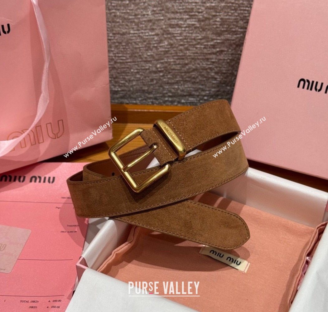 Miu Miu Belt 3.5cm in Suede and Calfskin Leather Light Brown/Gold 2025 MM26010402 (99-260104036)