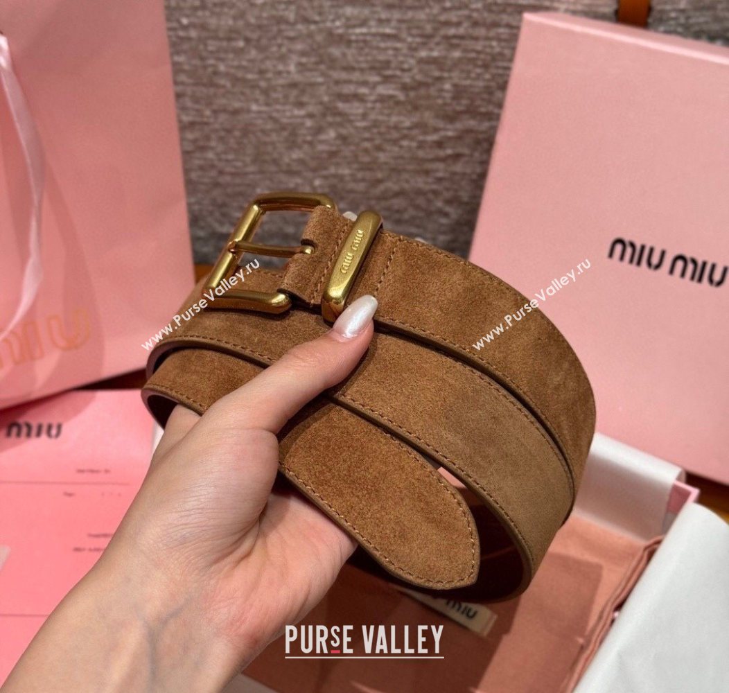 Miu Miu Belt 3.5cm in Suede and Calfskin Leather Light Brown/Gold 2025 MM26010402 (99-260104036)