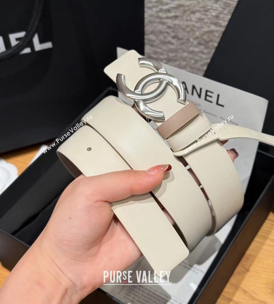 Chanel Calfskin Leather Reversible Belt 3cm with CC Buckle White/Silver 2025 1231 (99-251231120)