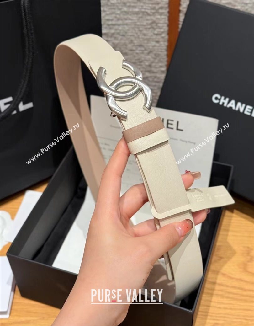 Chanel Calfskin Leather Reversible Belt 3cm with CC Buckle White/Silver 2025 1231 (99-251231120)