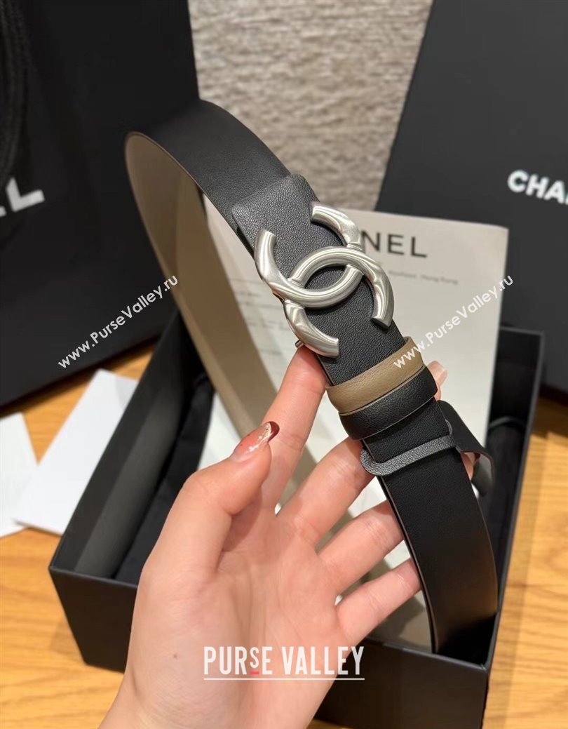Chanel Calfskin Leather Reversible Belt 3cm with CC Buckle Black/Silver 2025 123102 (99-251231116)