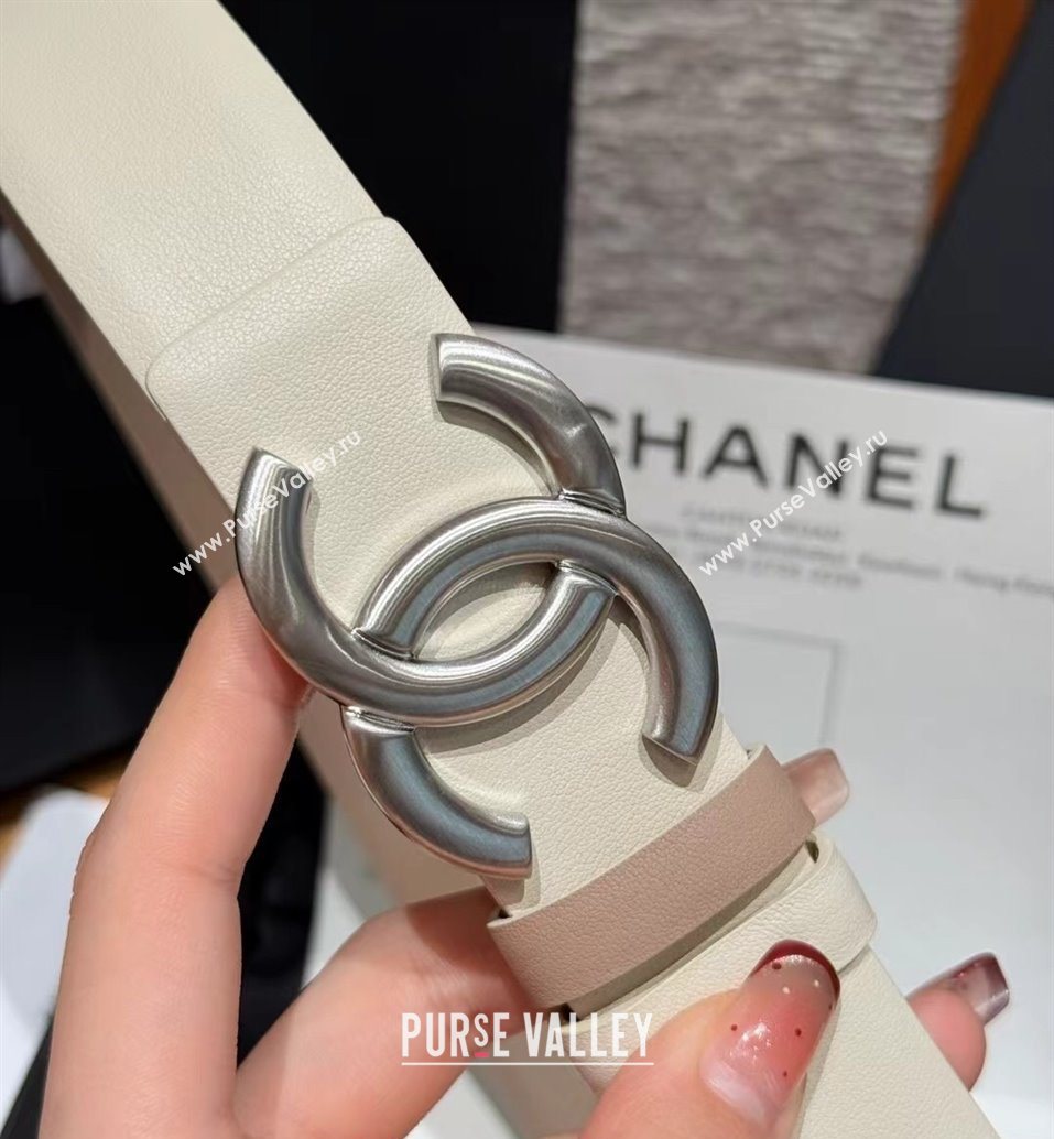 Chanel Calfskin Leather Reversible Belt 3cm with CC Buckle White/Silver 2025 1231 (99-251231120)