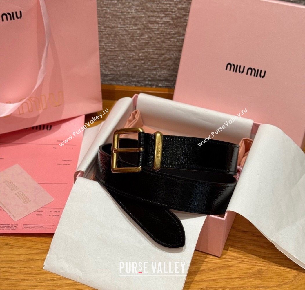 Miu Miu Belt 3.5cm in Patent Calfskin Leather Black/Gold 2025 MM26010402 (99-260104042)