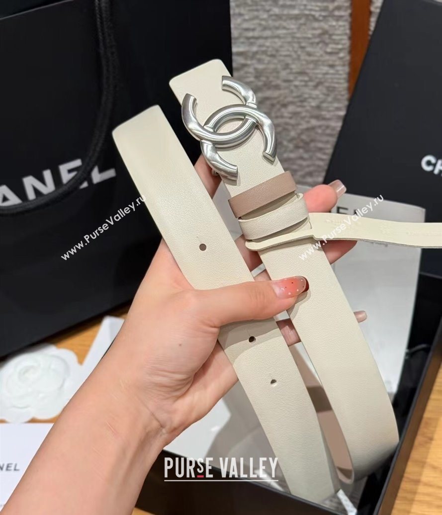 Chanel Calfskin Leather Reversible Belt 3cm with CC Buckle White/Silver 2025 1231 (99-251231120)
