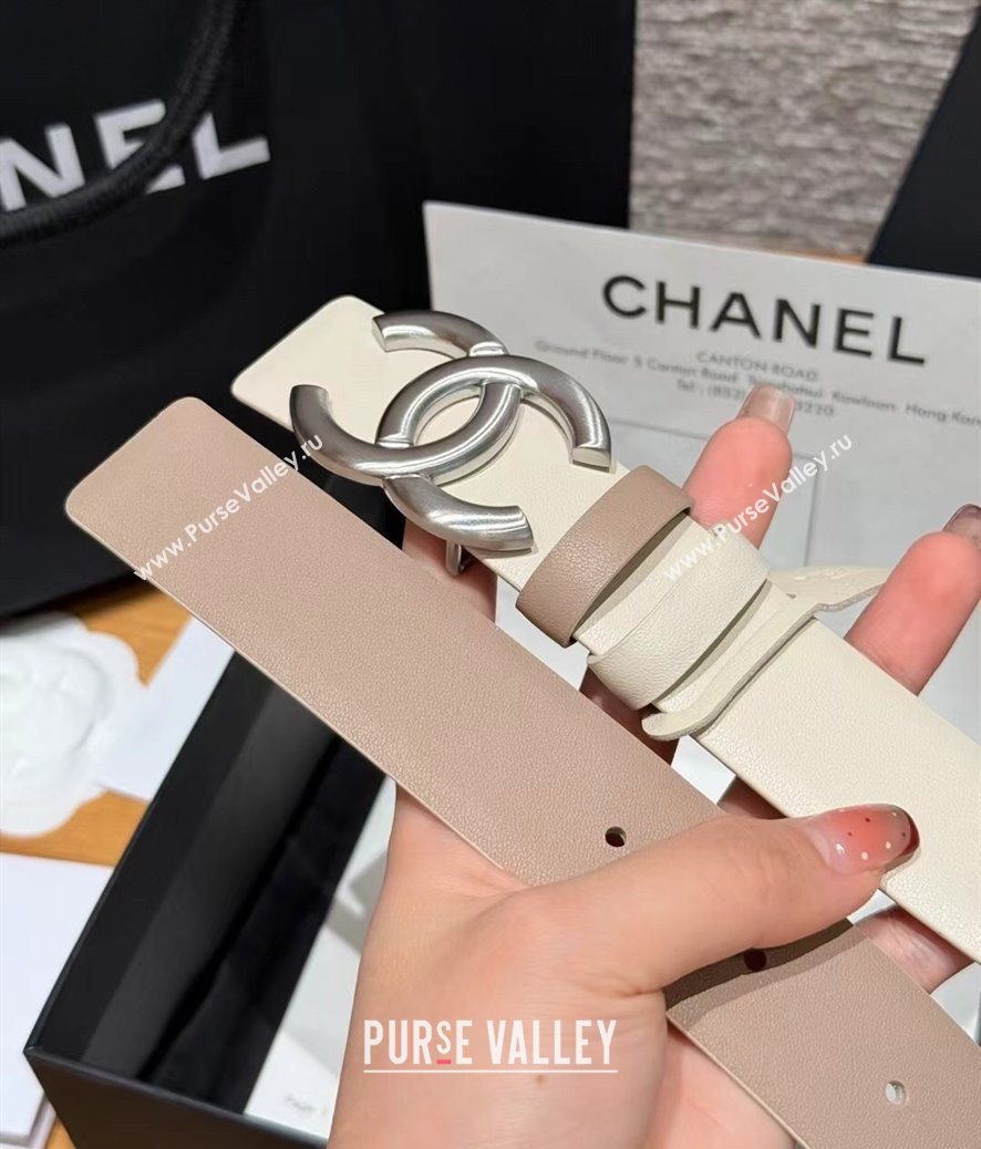 Chanel Calfskin Leather Reversible Belt 3cm with CC Buckle White/Silver 2025 1231 (99-251231120)