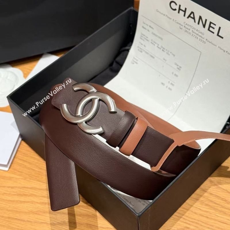 Chanel Calfskin Leather Reversible Belt 3cm with CC Buckle Chocolate/Silver 2025 1231 (99-251231121)
