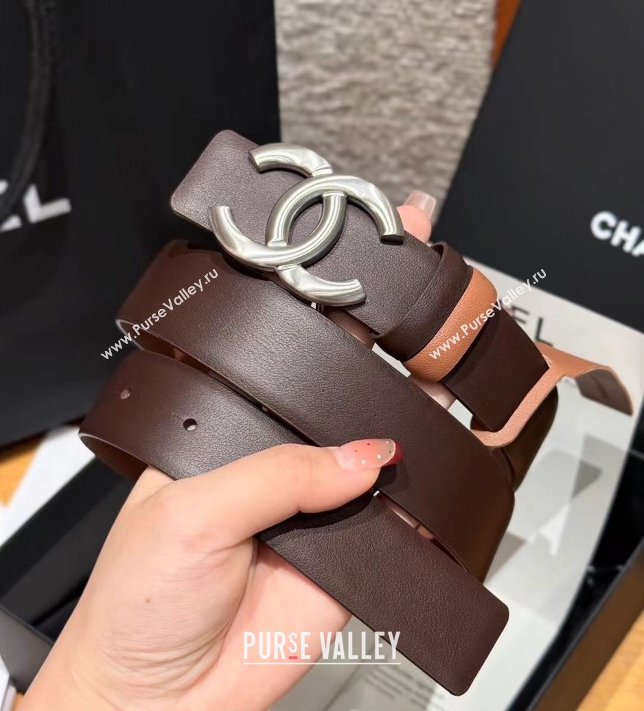Chanel Calfskin Leather Reversible Belt 3cm with CC Buckle Chocolate/Silver 2025 1231 (99-251231121)