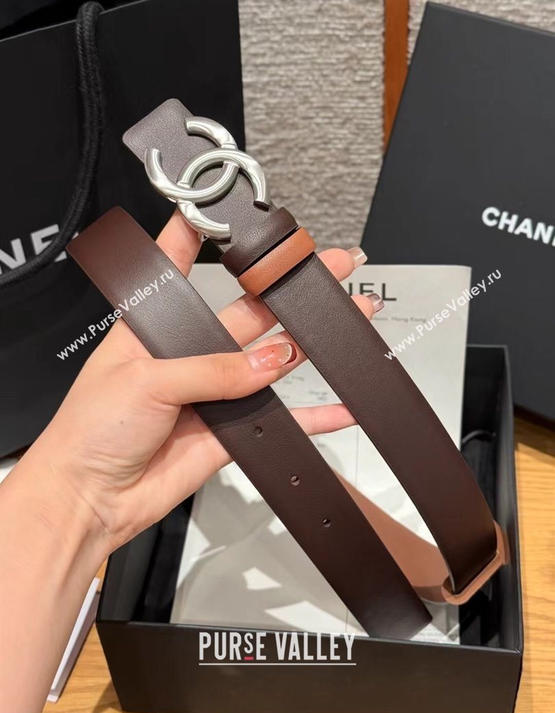 Chanel Calfskin Leather Reversible Belt 3cm with CC Buckle Chocolate/Silver 2025 1231 (99-251231121)