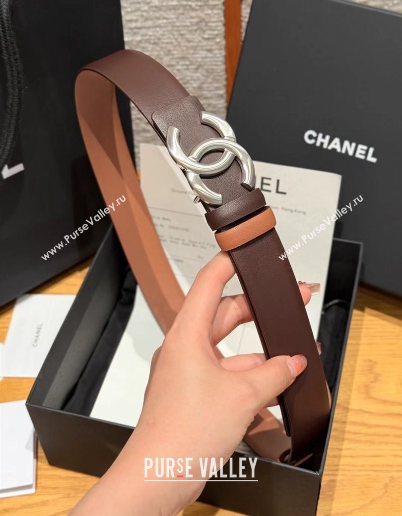 Chanel Calfskin Leather Reversible Belt 3cm with CC Buckle Chocolate/Silver 2025 1231 (99-251231121)