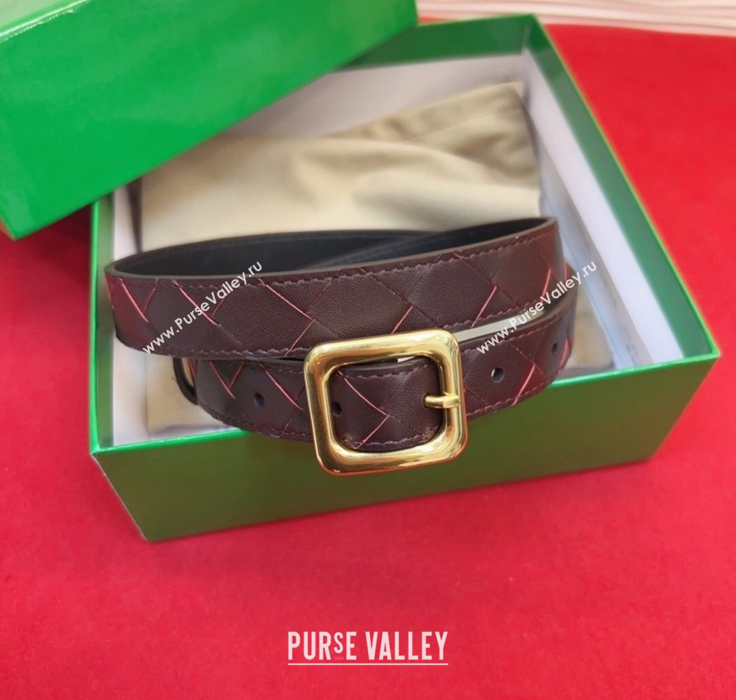 Bottega Veneta Intrecciato Leather Belt 2cm with Pin Buckle Dark Burgundy 2025 BV26010401 (99-260104050)