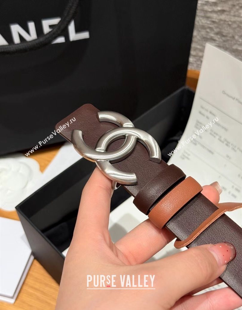 Chanel Calfskin Leather Reversible Belt 3cm with CC Buckle Chocolate/Silver 2025 1231 (99-251231121)