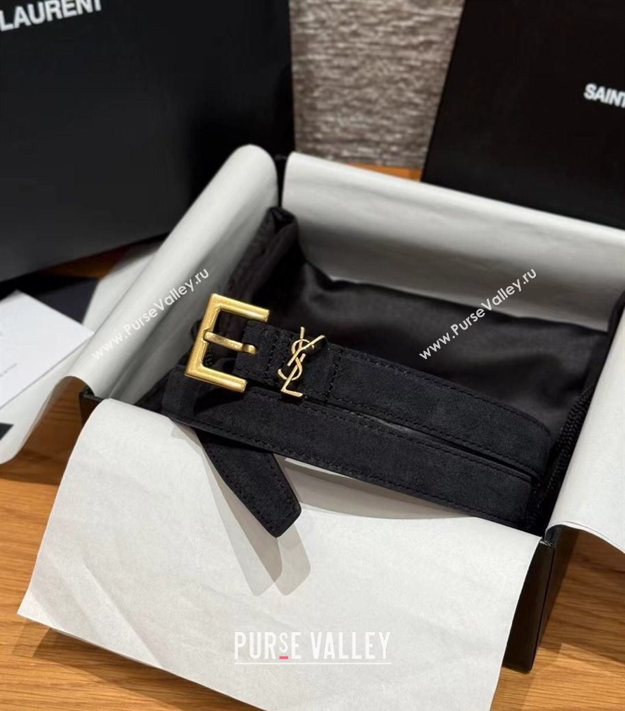 Saint Laurent Cassandre Belt 2cm in Suede and Leather Black/Gold 2025 YSL26010401 (99-260104082)