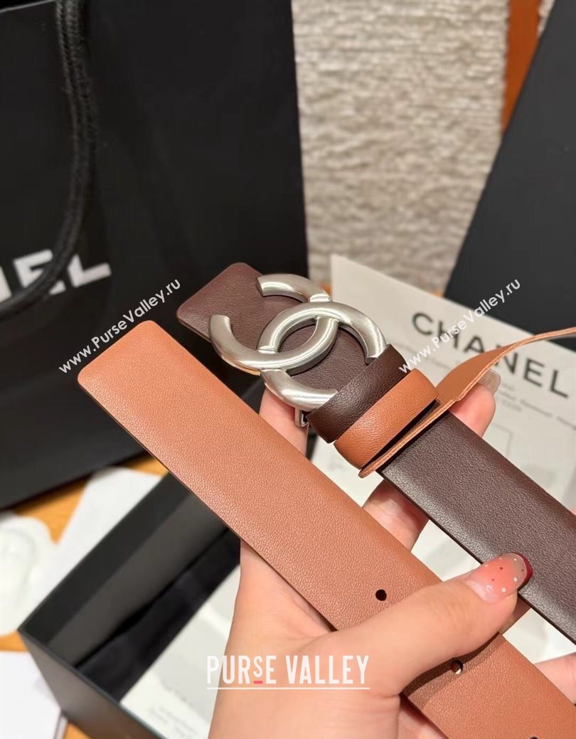 Chanel Calfskin Leather Reversible Belt 3cm with CC Buckle Chocolate/Silver 2025 1231 (99-251231121)