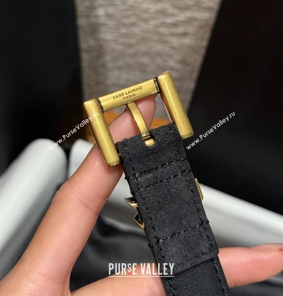 Saint Laurent Cassandre Belt 2cm in Suede and Leather Black/Gold 2025 YSL26010401 (99-260104082)
