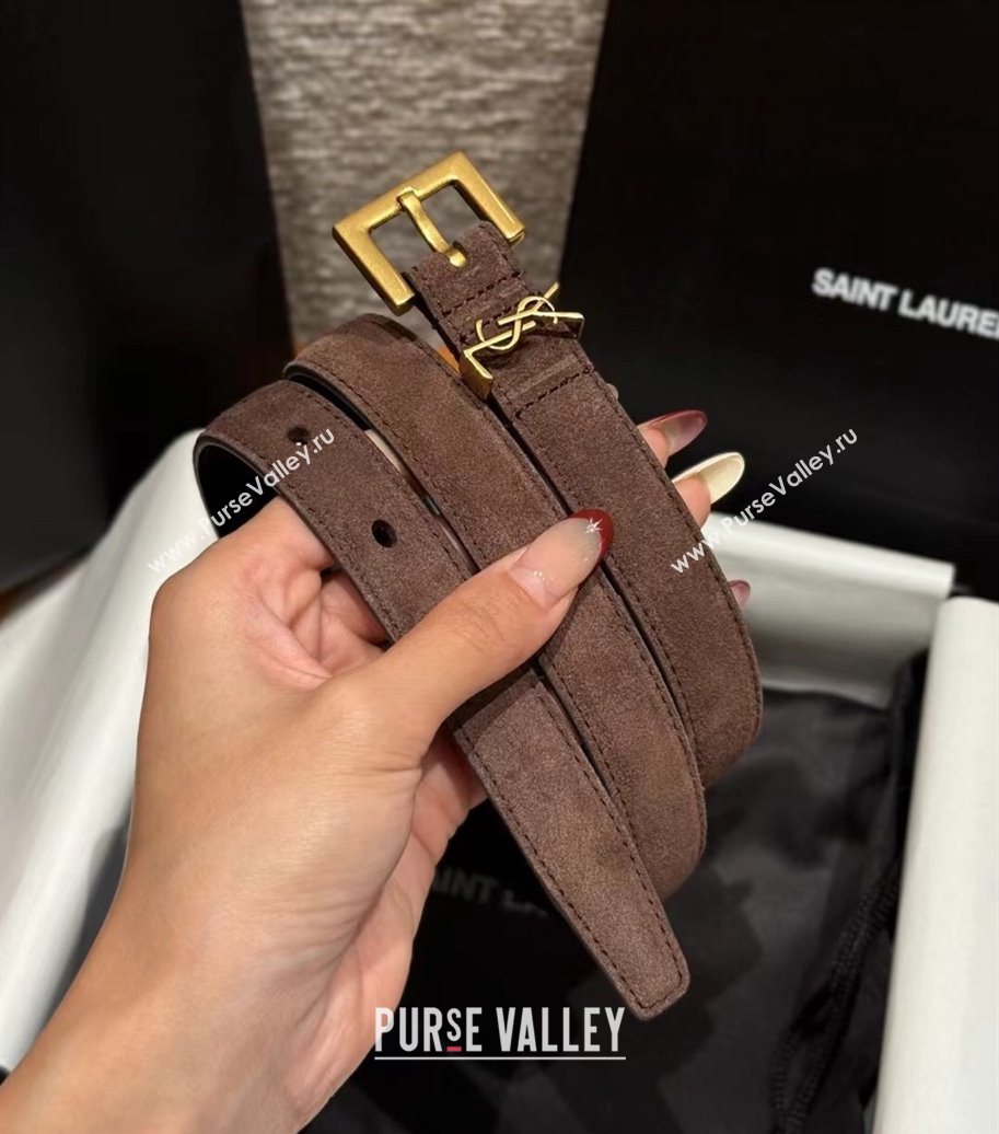 Saint Laurent Cassandre Belt 2cm in Suede and Leather Dark Brown/Gold 2025 YSL26010401 (99-260104084)