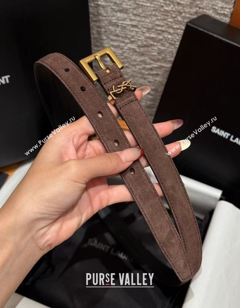 Saint Laurent Cassandre Belt 2cm in Suede and Leather Dark Brown/Gold 2025 YSL26010401 (99-260104084)