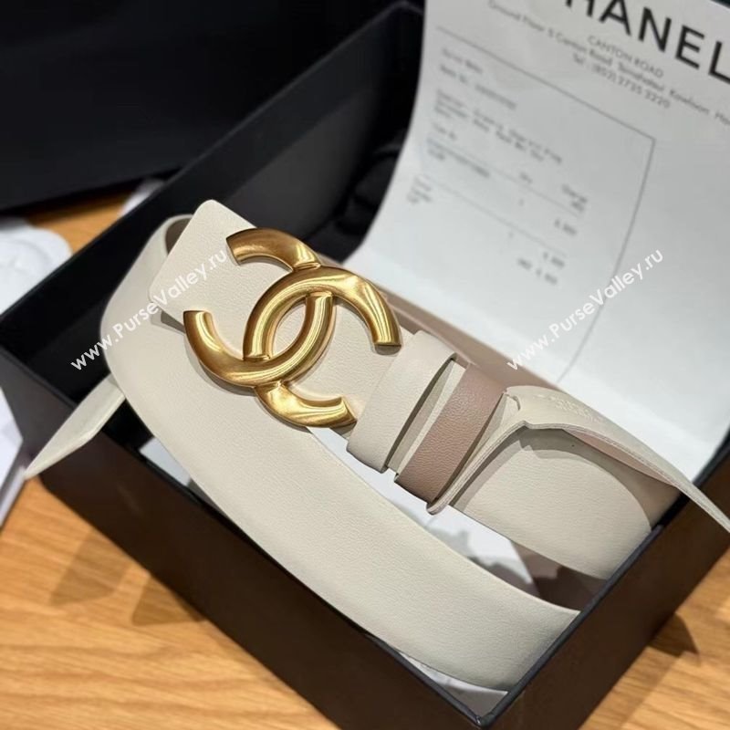 Chanel Calfskin Leather Reversible Belt 3cm with CC Buckle White/Gold 2025 1231 (99-251231122)