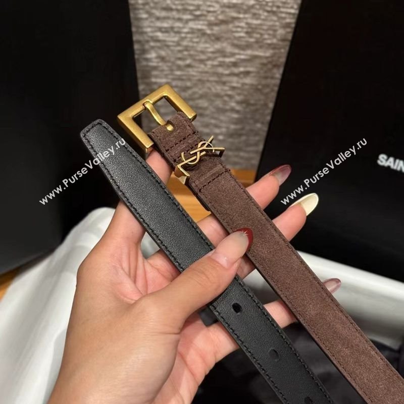 Saint Laurent Cassandre Belt 2cm in Suede and Leather Dark Brown/Gold 2025 YSL26010401 (99-260104084)