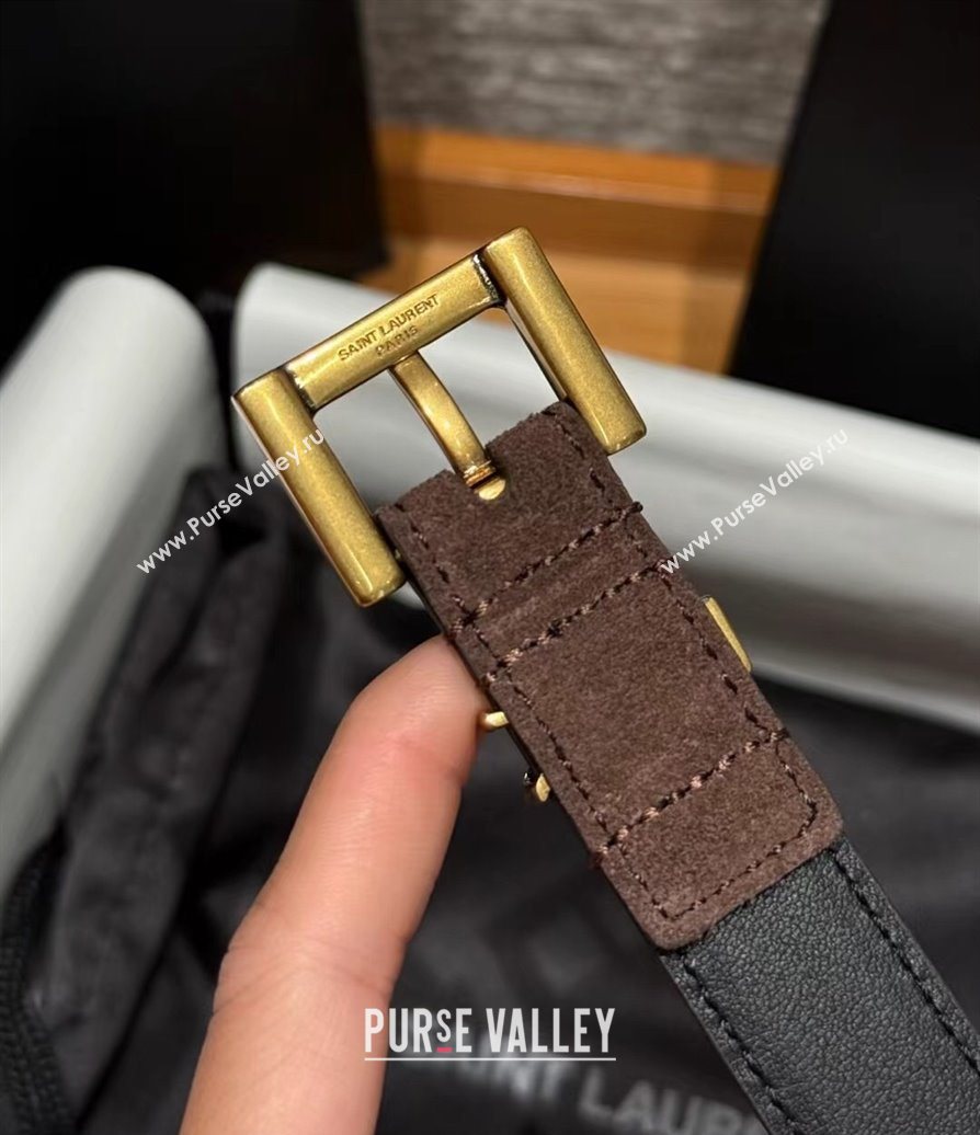 Saint Laurent Cassandre Belt 2cm in Suede and Leather Dark Brown/Gold 2025 YSL26010401 (99-260104084)