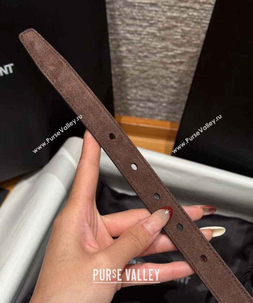 Saint Laurent Cassandre Belt 2cm in Suede and Leather Dark Brown/Gold 2025 YSL26010401 (99-260104084)