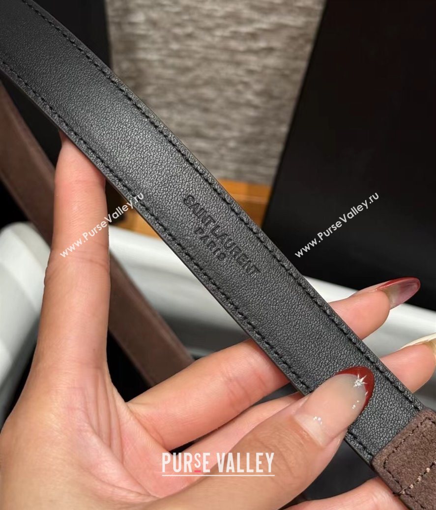 Saint Laurent Cassandre Belt 2cm in Suede and Leather Dark Brown/Gold 2025 YSL26010401 (99-260104084)
