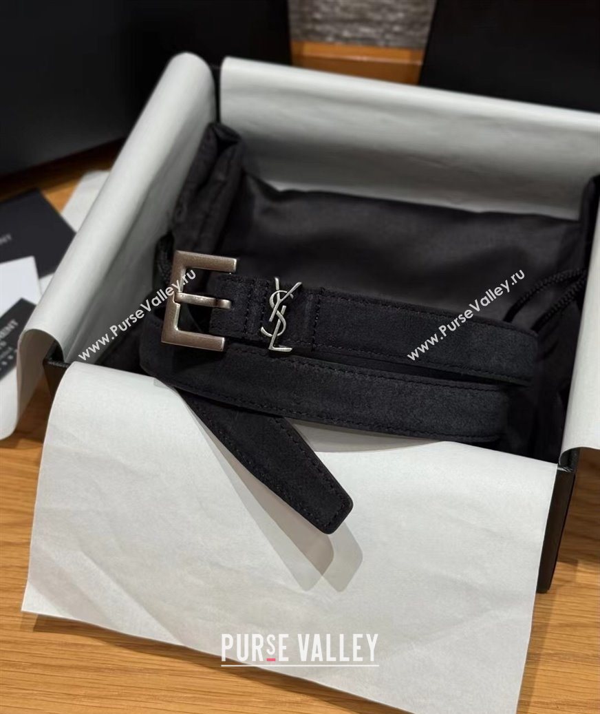 Saint Laurent Cassandre Belt 2cm in Suede and Leather Black/Silver 2025 YSL26010401 (99-260104083)