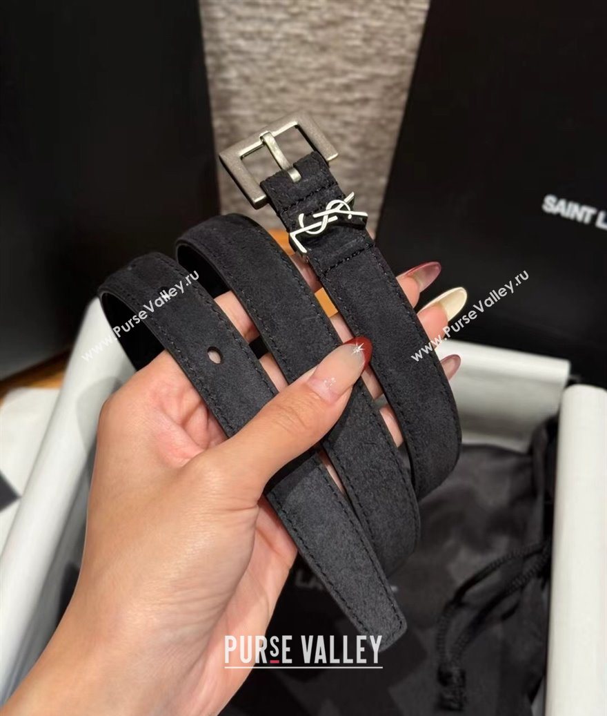 Saint Laurent Cassandre Belt 2cm in Suede and Leather Black/Silver 2025 YSL26010401 (99-260104083)