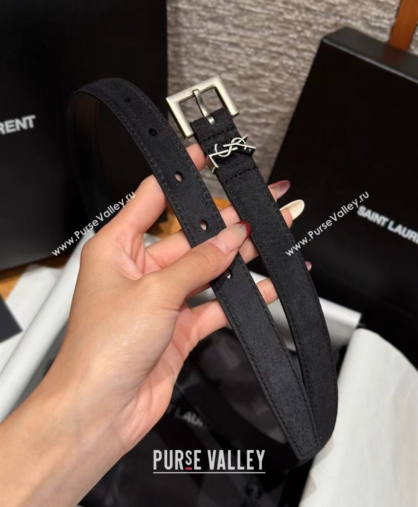Saint Laurent Cassandre Belt 2cm in Suede and Leather Black/Silver 2025 YSL26010401 (99-260104083)