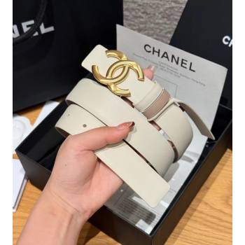 Chanel Calfskin Leather Reversible Belt 3cm with CC Buckle White/Gold 2025 1231 (99-251231122)