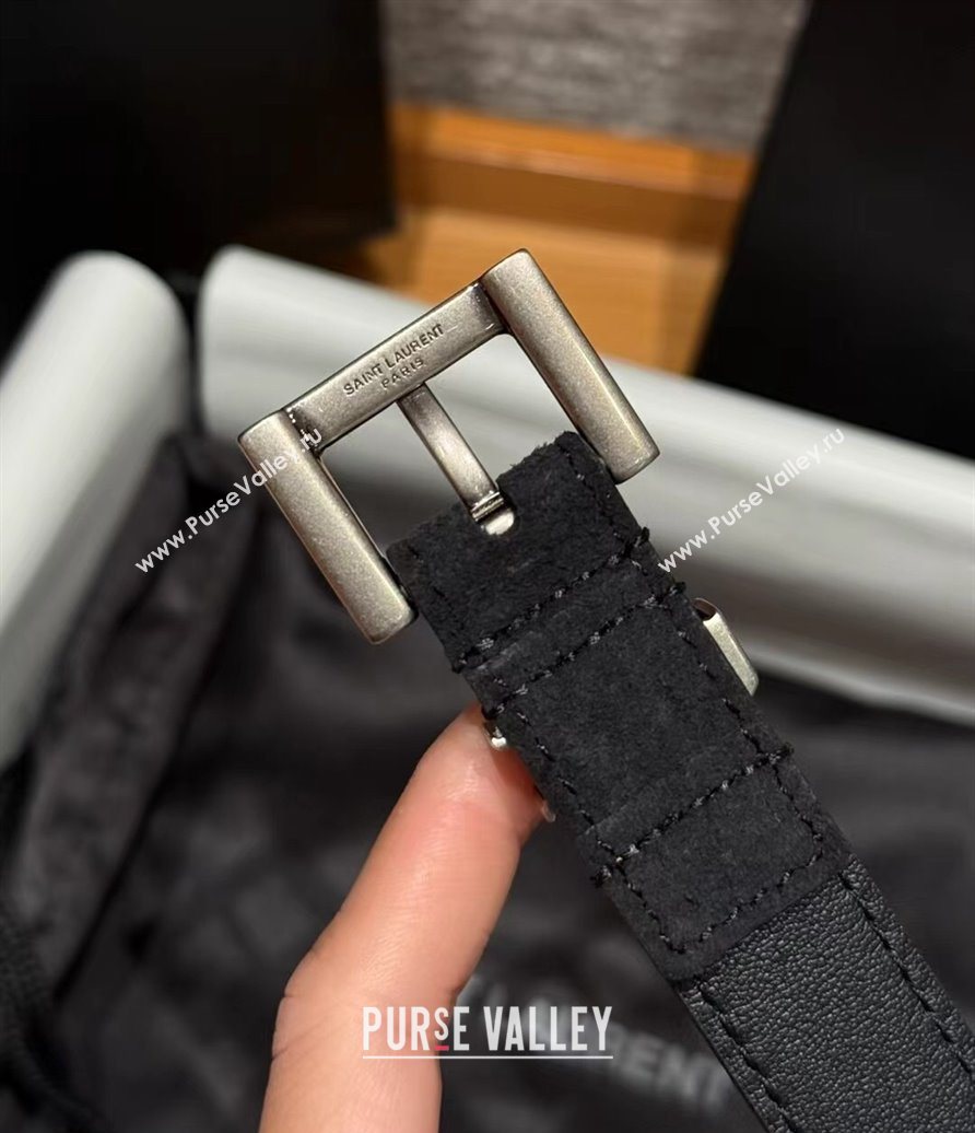 Saint Laurent Cassandre Belt 2cm in Suede and Leather Black/Silver 2025 YSL26010401 (99-260104083)