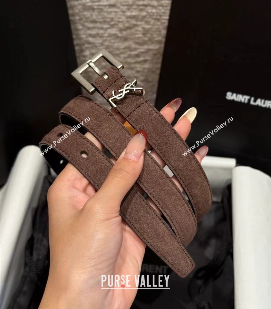 Saint Laurent Cassandre Belt 2cm in Suede and Leather Dark Brown/Silver 2025 YSL26010401 (99-260104085)