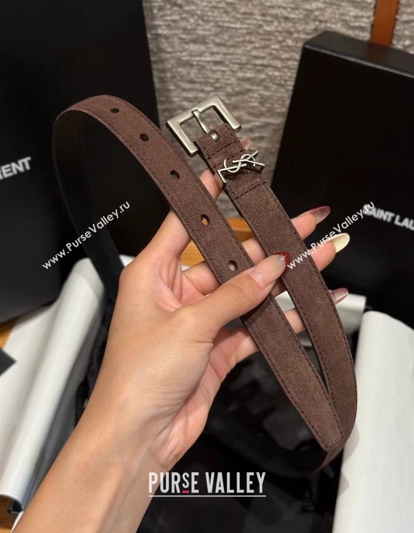 Saint Laurent Cassandre Belt 2cm in Suede and Leather Dark Brown/Silver 2025 YSL26010401 (99-260104085)