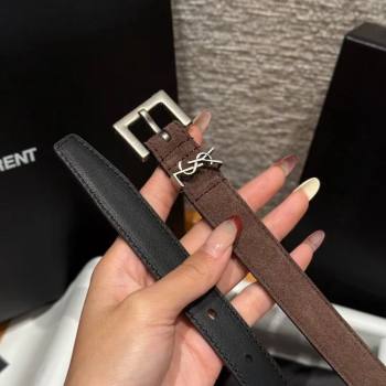 Saint Laurent Cassandre Belt 2cm in Suede and Leather Dark Brown/Silver 2025 YSL26010401 (99-260104085)