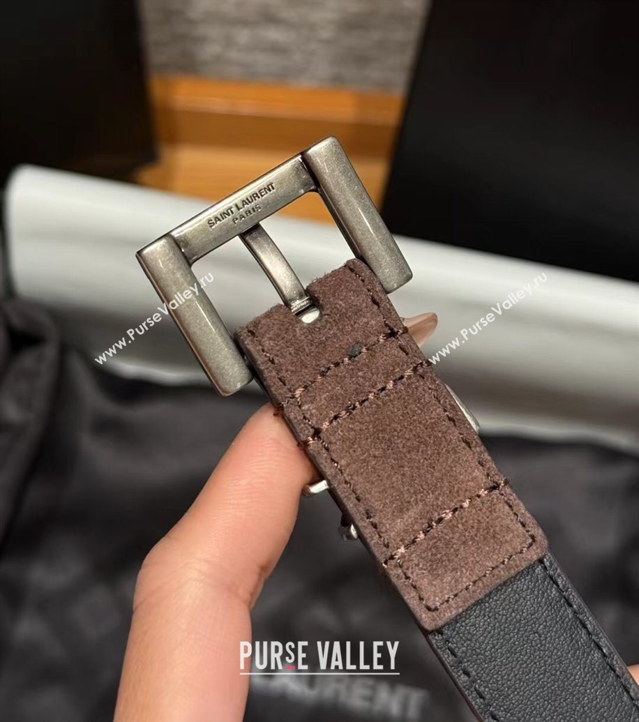 Saint Laurent Cassandre Belt 2cm in Suede and Leather Dark Brown/Silver 2025 YSL26010401 (99-260104085)