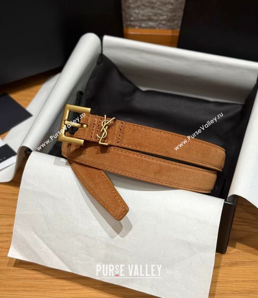 Saint Laurent Cassandre Belt 2cm in Suede and Leather Beige/Gold 2025 YSL26010401 (99-260104086)