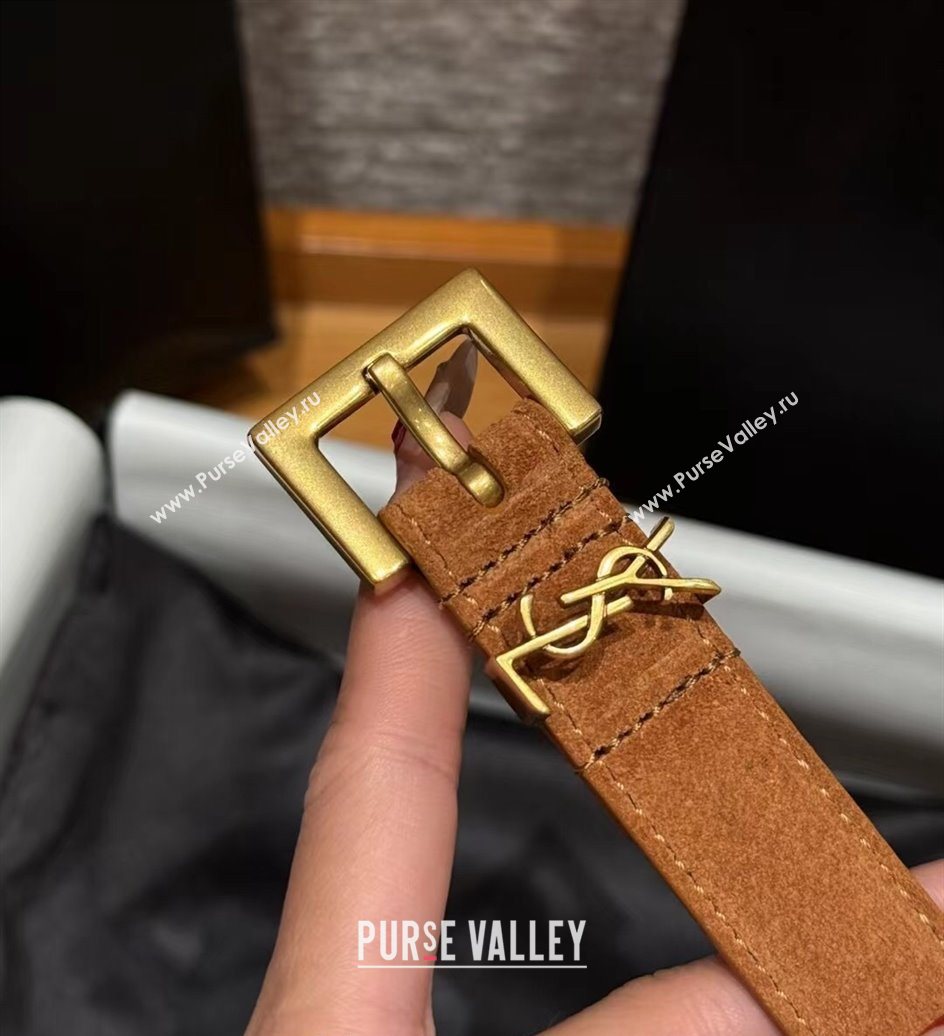 Saint Laurent Cassandre Belt 2cm in Suede and Leather Beige/Gold 2025 YSL26010401 (99-260104086)