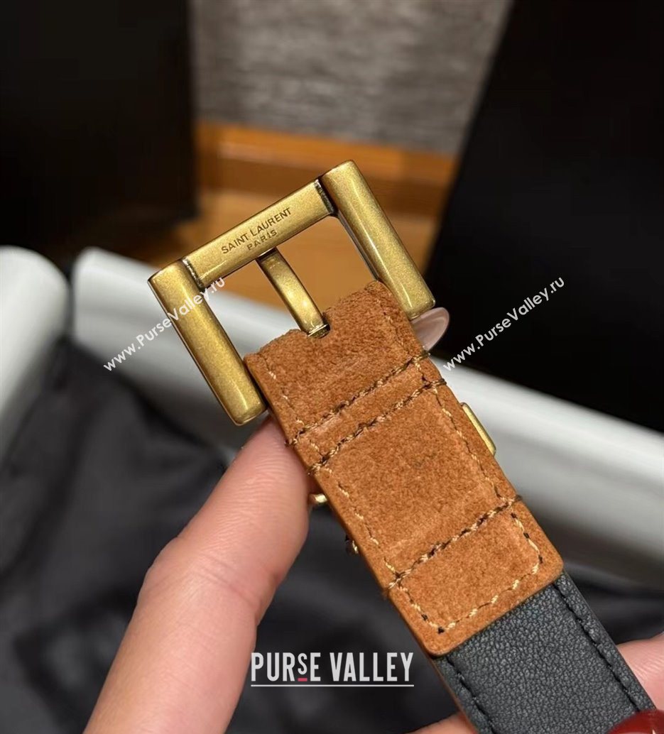 Saint Laurent Cassandre Belt 2cm in Suede and Leather Beige/Gold 2025 YSL26010401 (99-260104086)