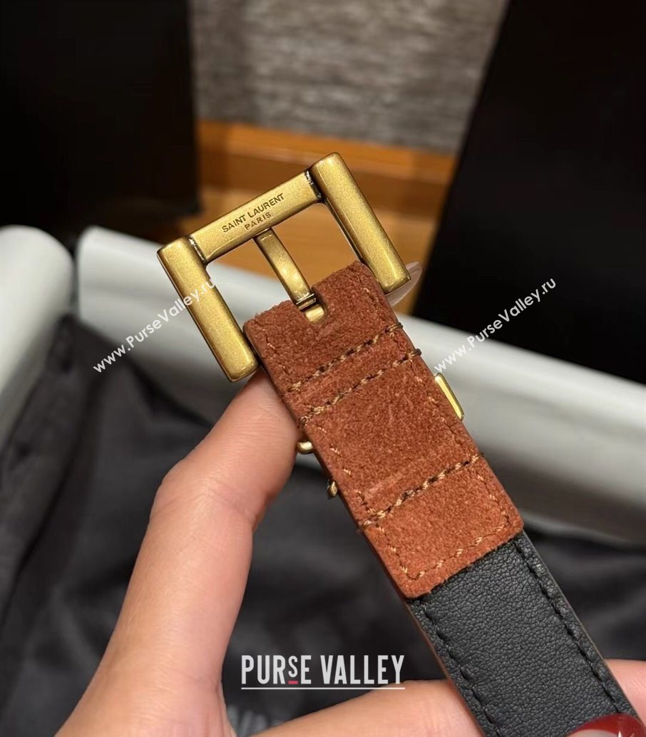 Saint Laurent Cassandre Belt 2cm in Suede and Leather Brown2/Gold 2025 YSL26010401 (99-260104088)